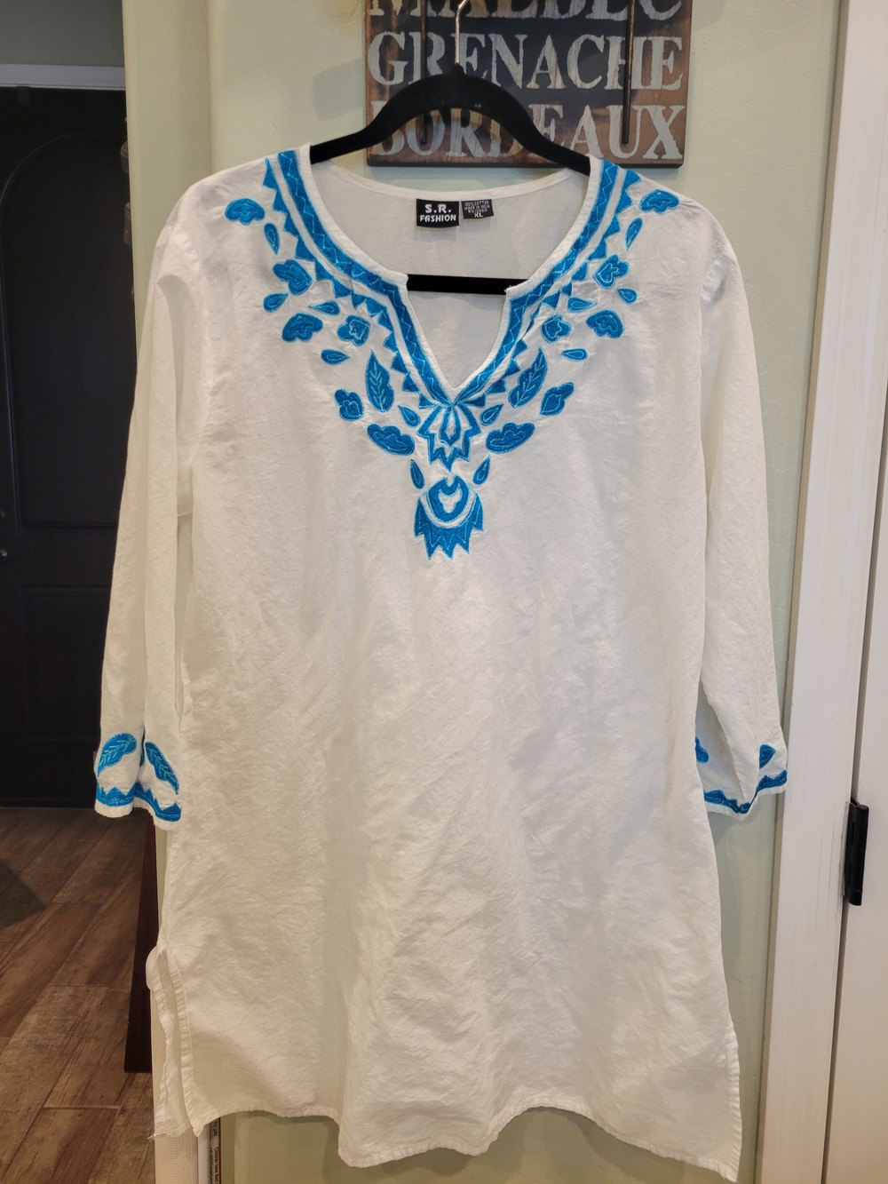 White Tunic Swimsuit cover-up with Turquoise Embroidery